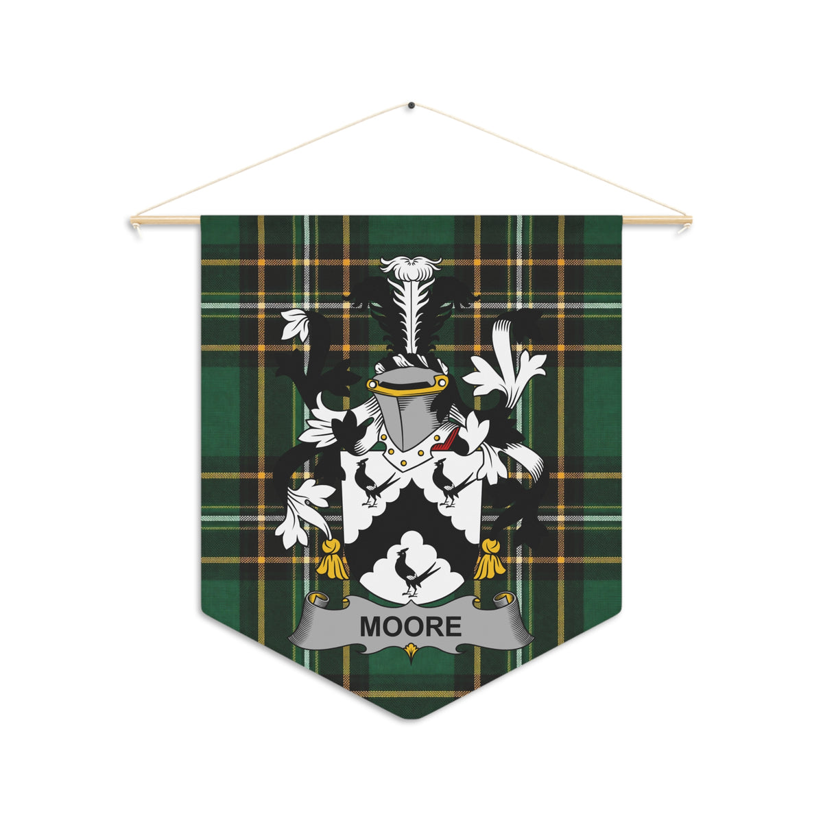 Moore family crest on a green tartan plaid pennant banner.