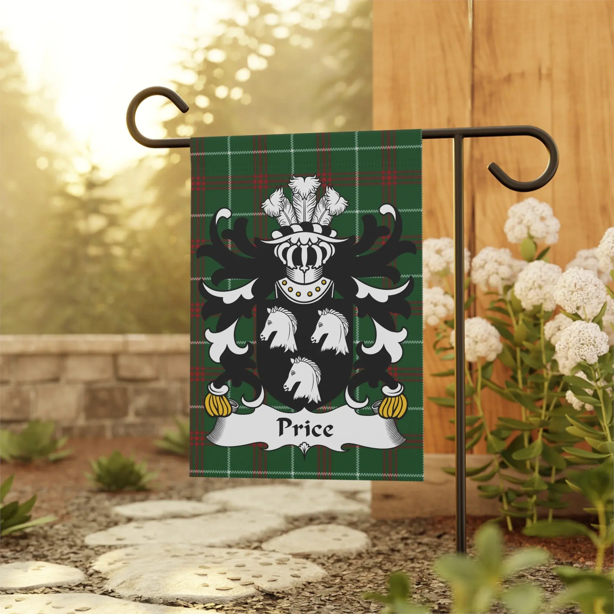 Green tartan flag with Price family crest featuring three white horses.