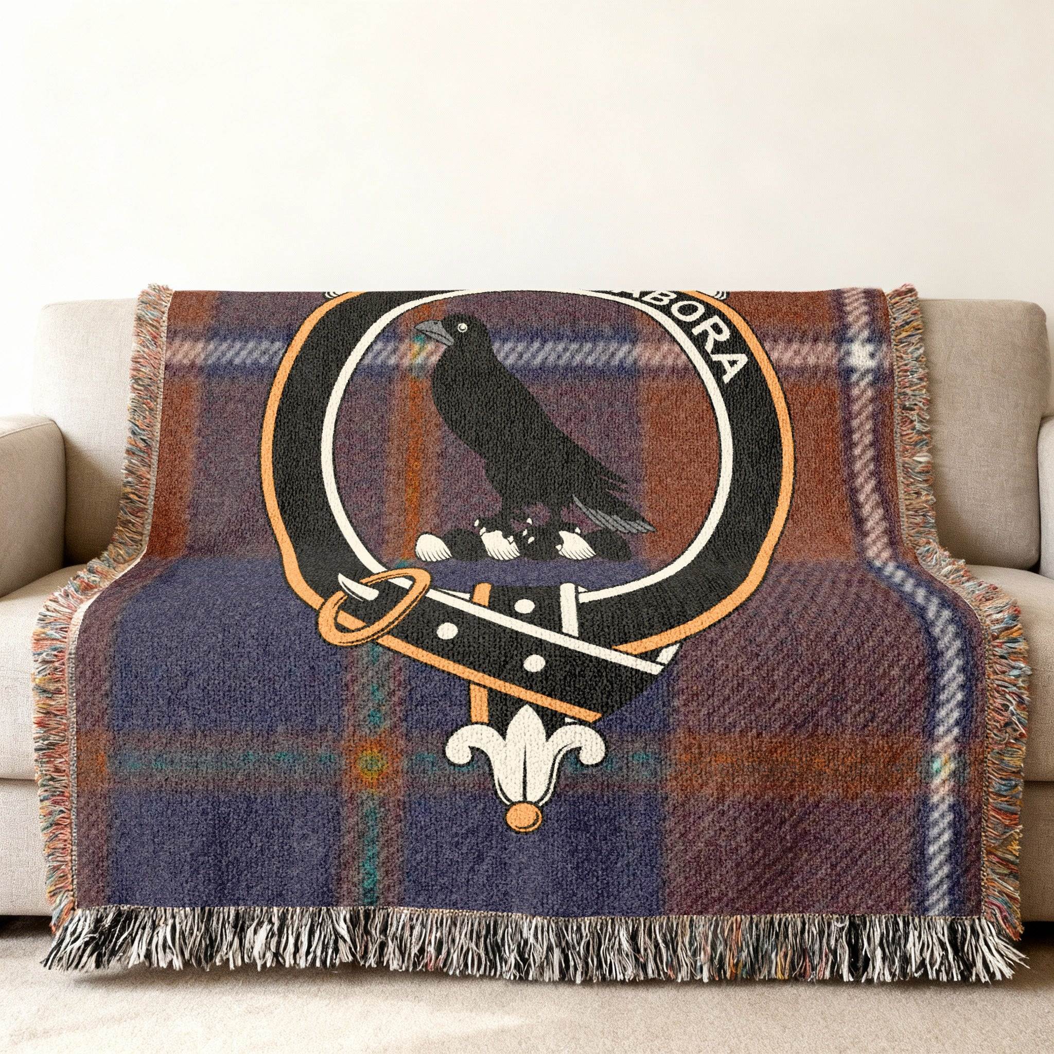 Traditional Plaid Throw Blanket with Black Raven Design