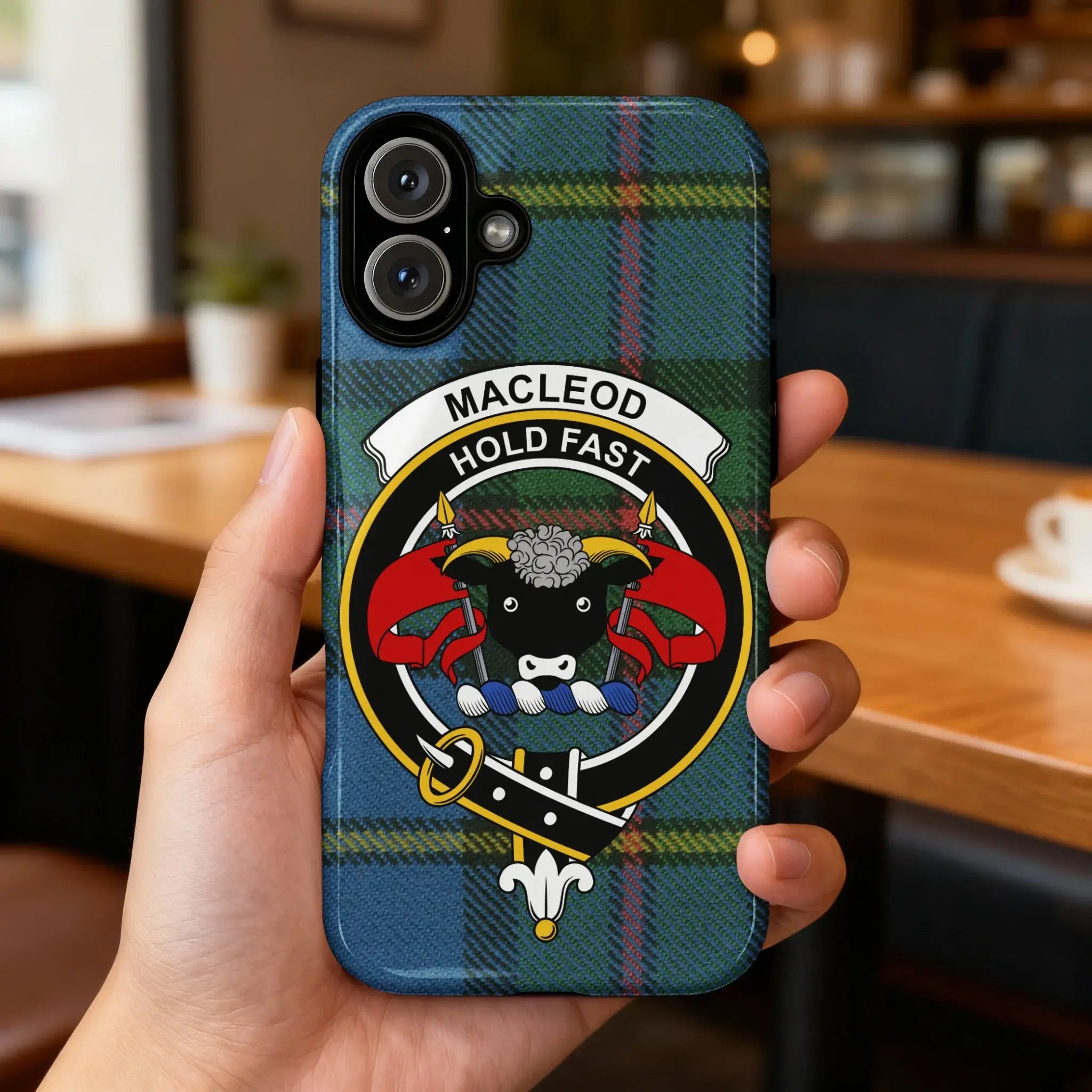 MacLeod Hold Fast plaid design phone case — Scottish clan crest heraldic design visible