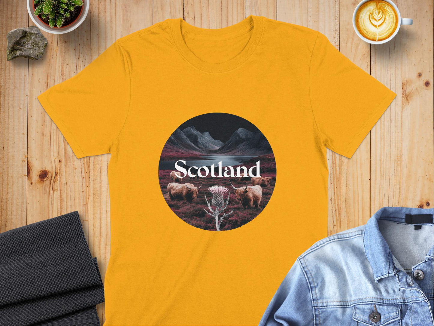 Scenic Scotland Highland Cow and Thistle T-Shirt - Living Stone Gifts