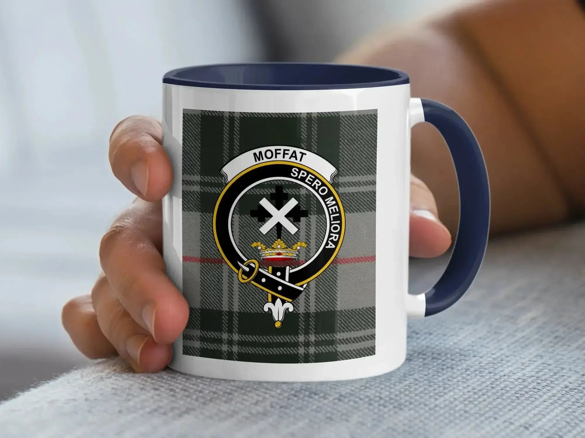 Clan Moffat tartan accent mug — 11 oz ceramic with black handle and Spero Meliora crest print