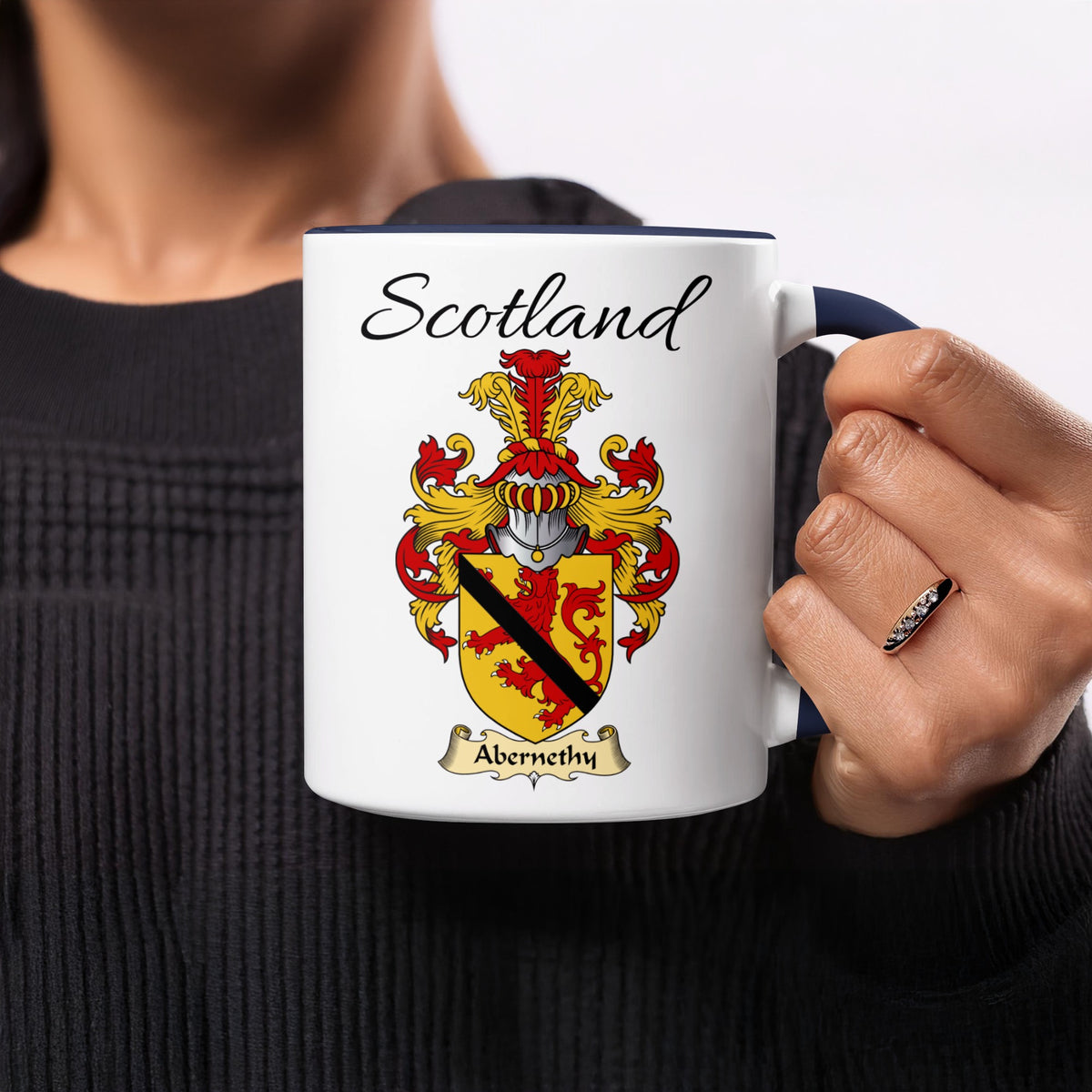 Red-accent Abernethy Scottish family crest mugs with Scotland above the heraldic shield