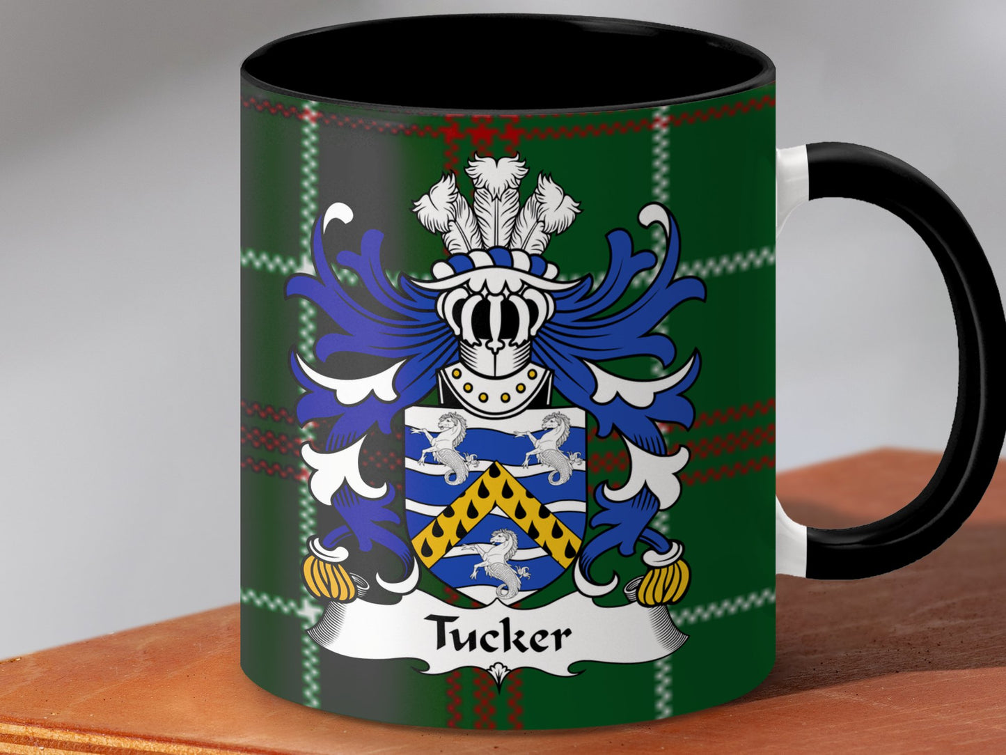 Tucker Surname Coat of Arms on Welsh Tartan Background Mug - Living Stone Gifts