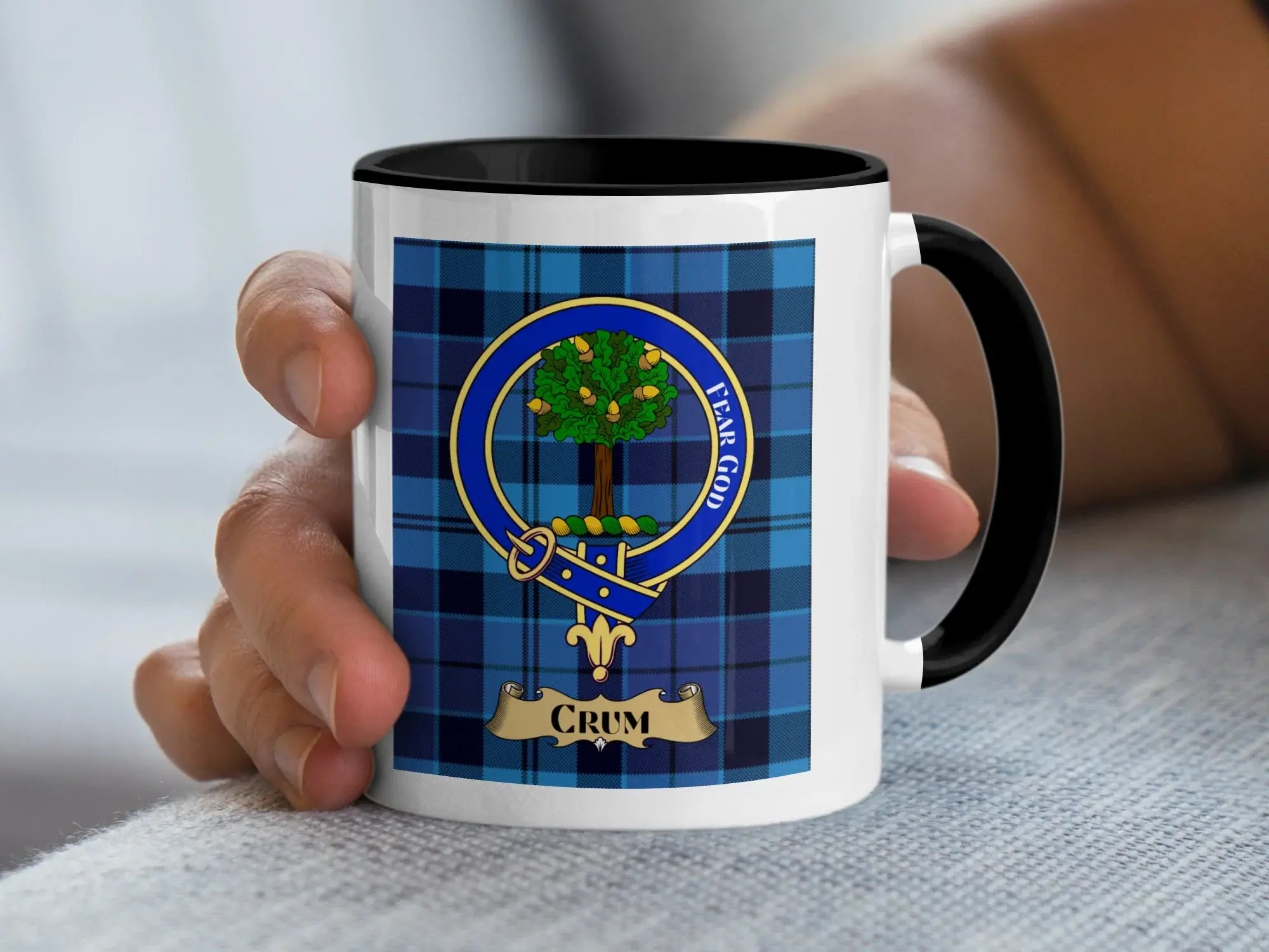 Crum tartan mug with a coloured accent handle and interior
