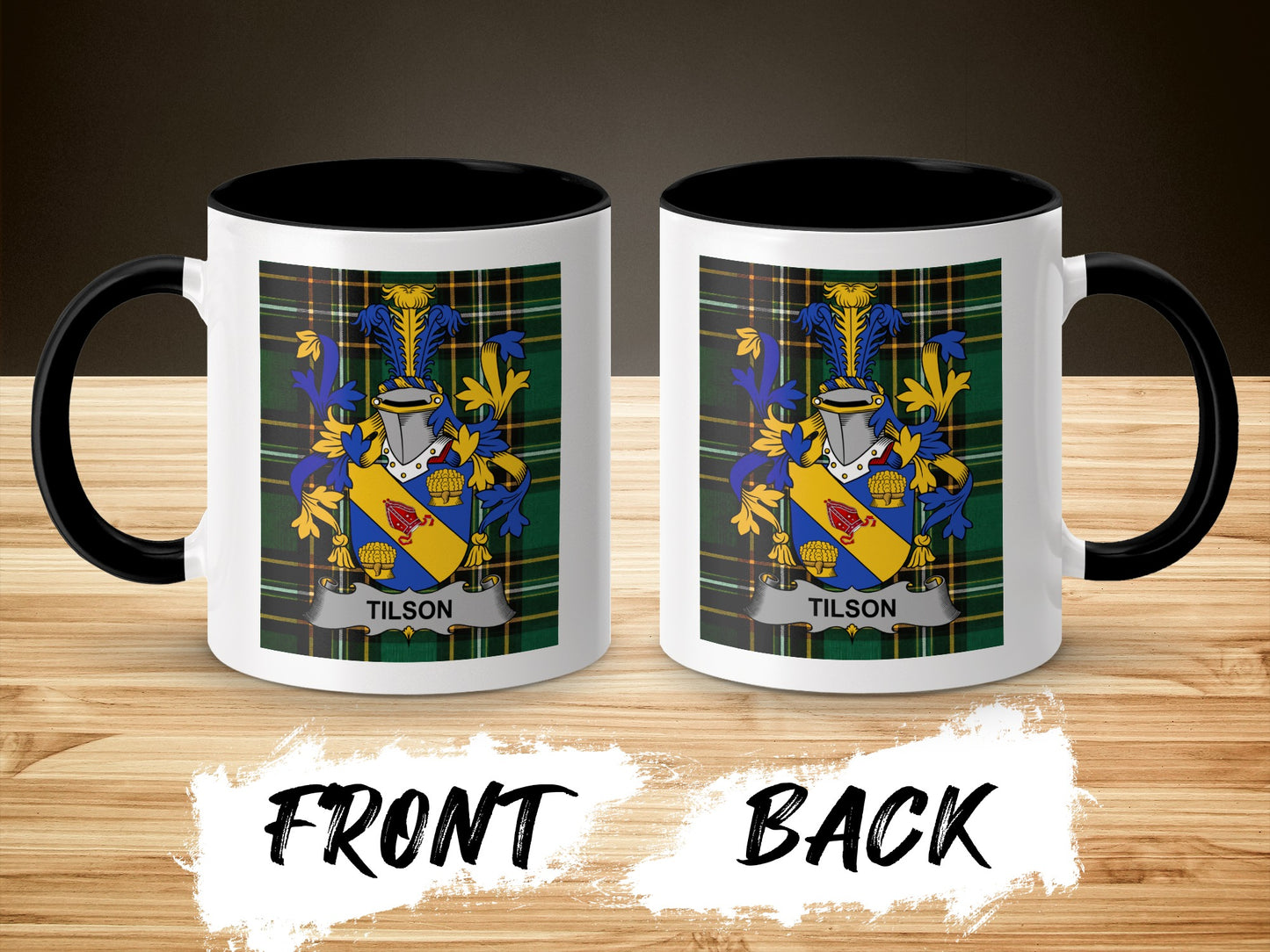 Two mugs with the Tilson family crest on a plaid background.