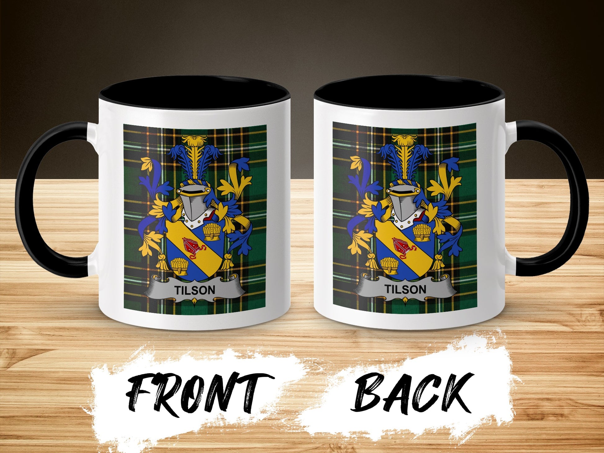 Two mugs with the Tilson family crest on a plaid background.
