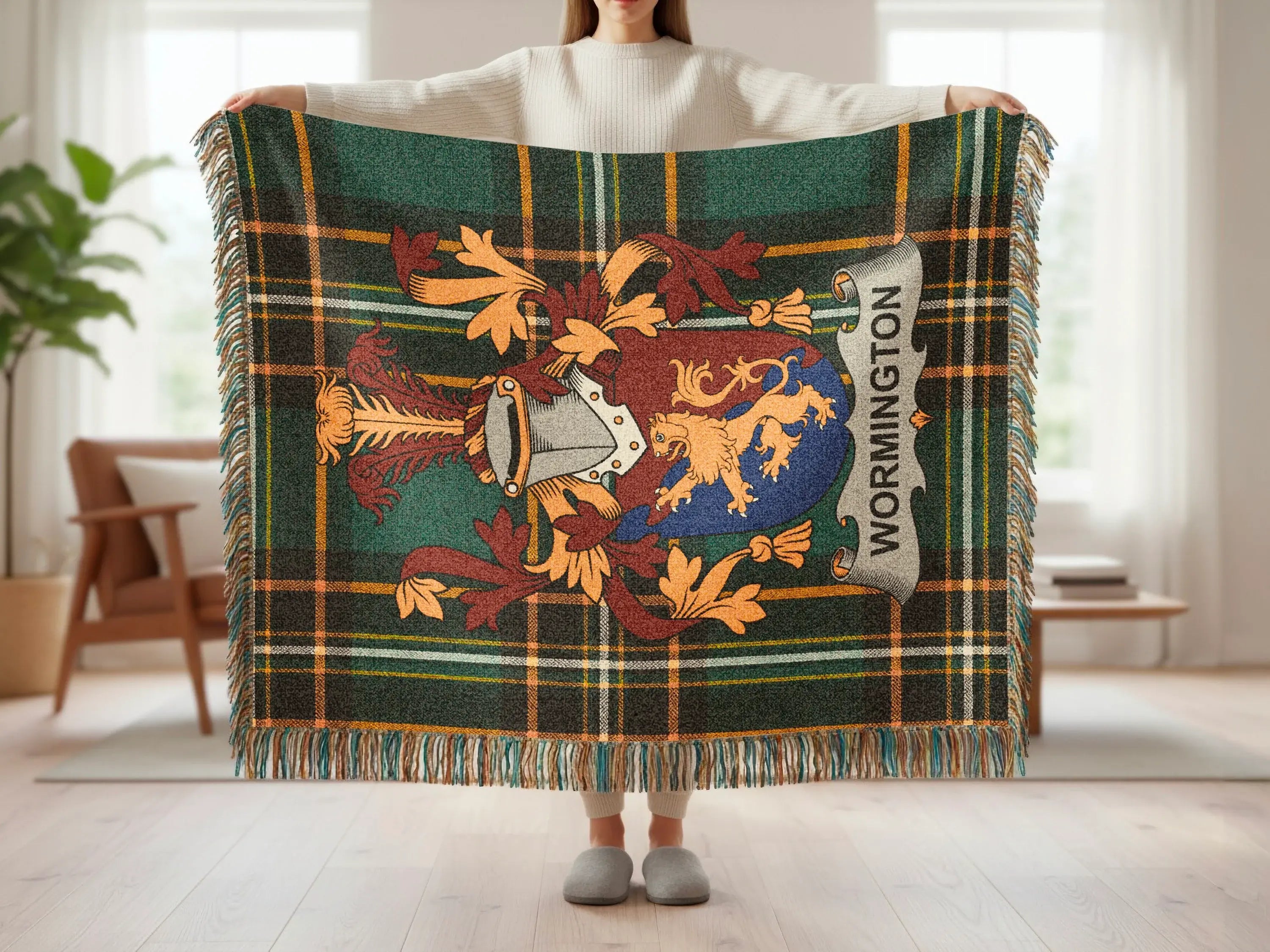 Tartan blanket with coat of arms and "WOR MINGTON" text.