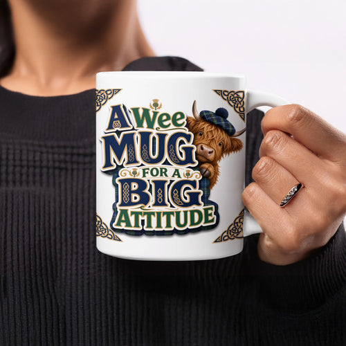 Highland cow with Scottish tartan on a mug saying "A Wee Mug For A Big Attitude".