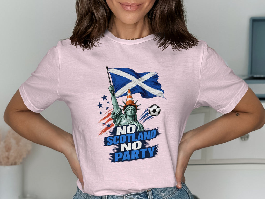 Statue of Liberty holding Scottish flag with "No Scotland No Party" text.