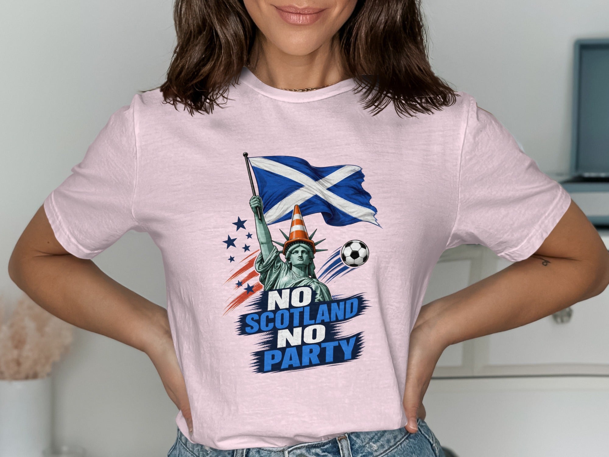 Statue of Liberty holding Scottish flag with "No Scotland No Party" text.