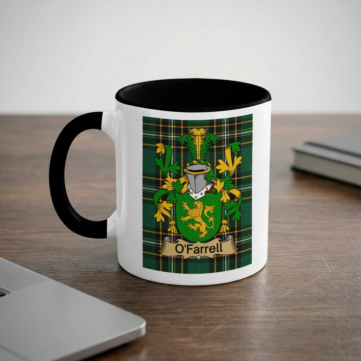 O'Farrell 11 oz black accent mug featuring Irish family crest and tartan