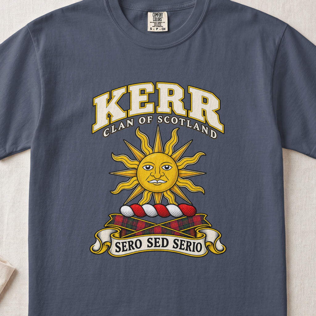 Kerr Scottish clan T-shirt in Midnight, front view with a golden sun with a face and motto banner.