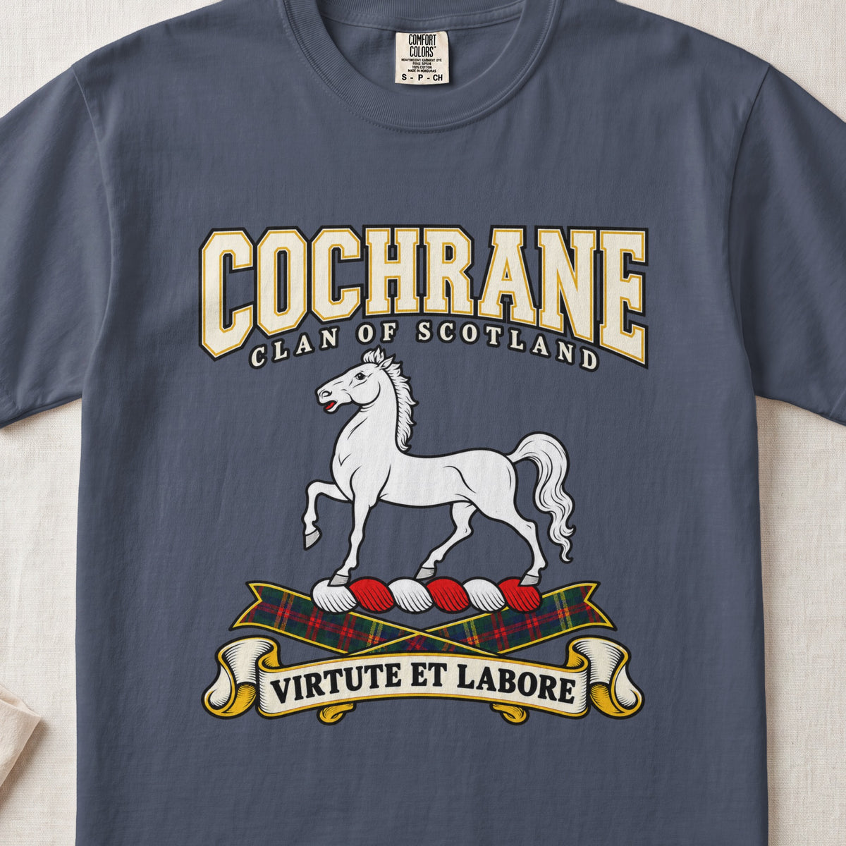 Cochrane Scottish clan graphic T-shirt in Midnight, front view