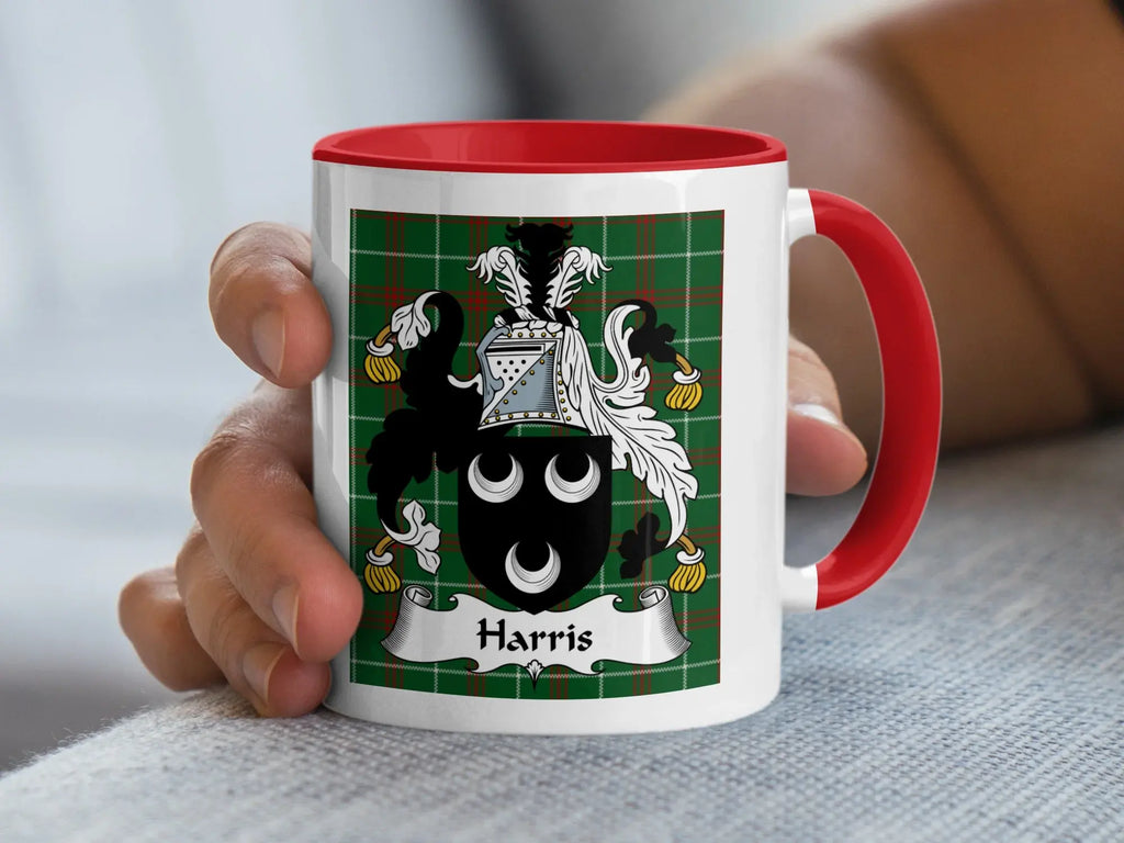 Harris Welsh tartan accent mug with red handle and family crest on green plaid