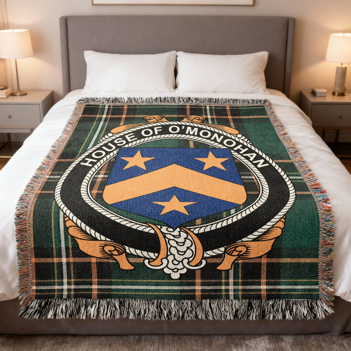 O'Monohan Irish National Tartan woven blanket with family crest emblem