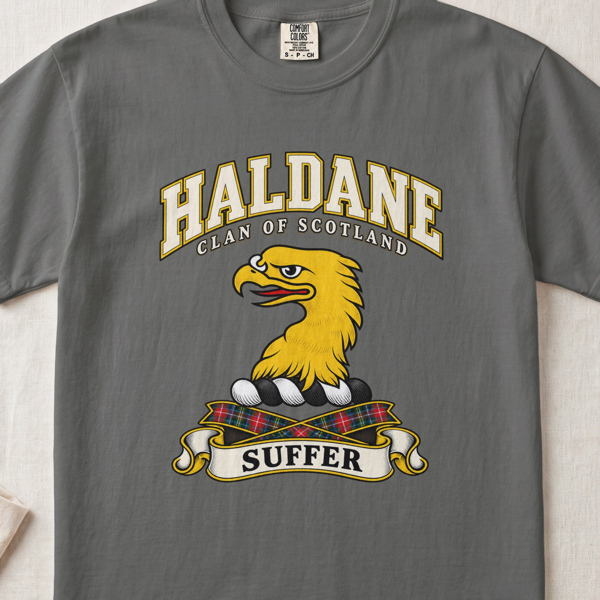 Haldane Scottish clan T-shirt in Pepper, front view with a gold eagle head and motto design.