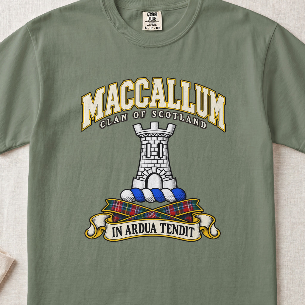 MacCallum Scottish clan T-shirt in Moss, front view with a silver stone tower and motto design.