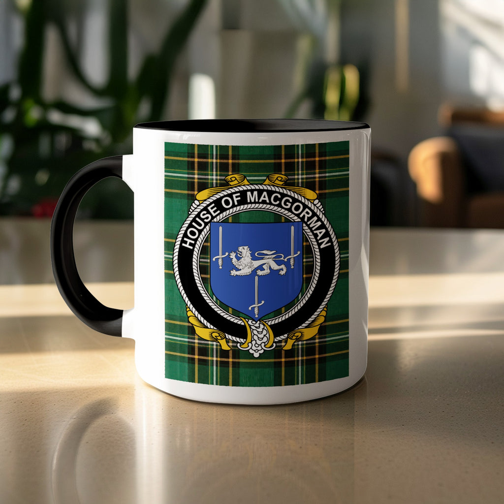 MacGorman surname accent mug displayed with Irish National Tartan design
