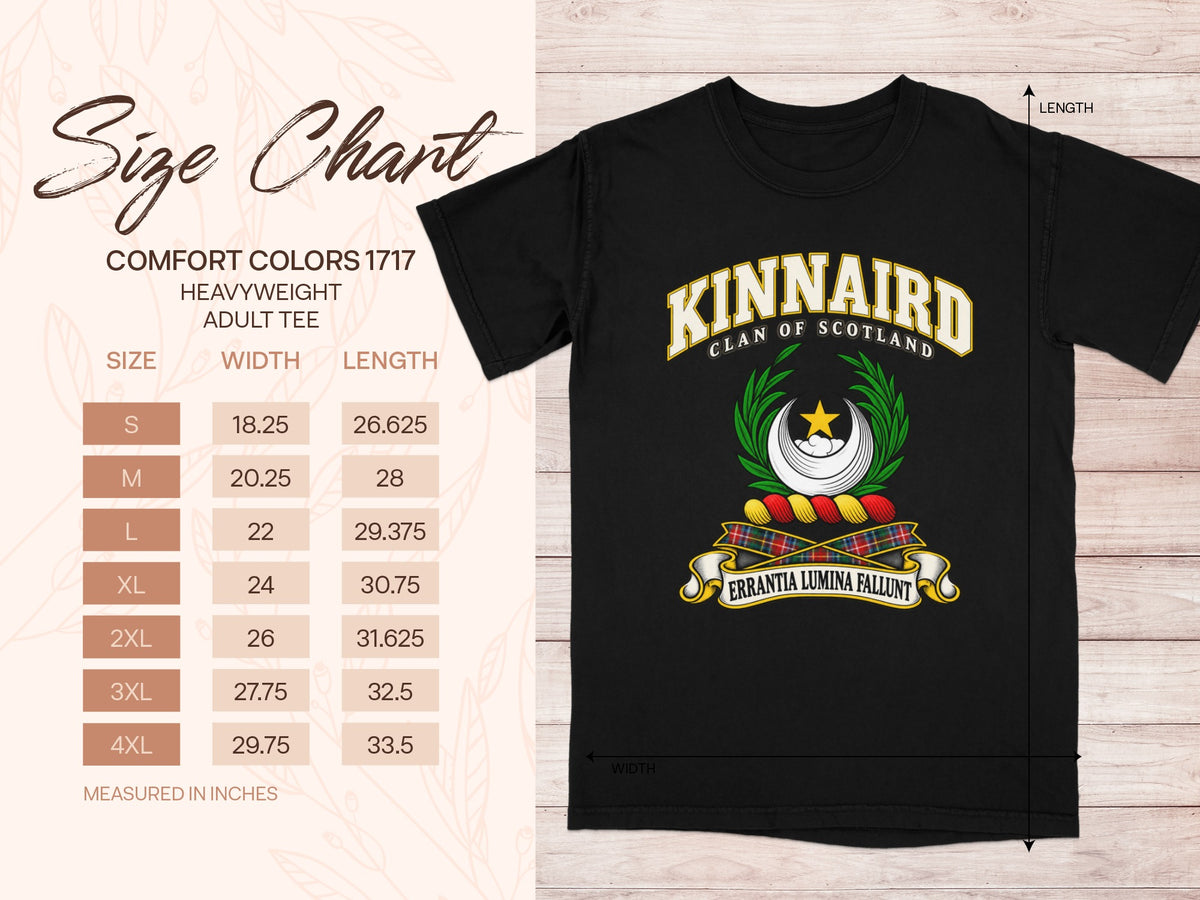 Comfort Colors 1717 size chart for the Kinnaird Scottish clan T-shirt, adult sizes S–4XL.