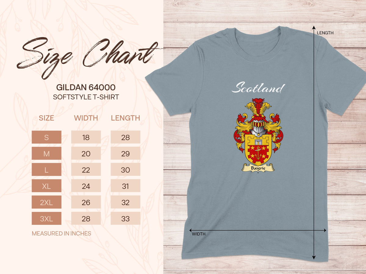 Gildan 64000 size chart for Baigrie Scottish family shield T-shirt