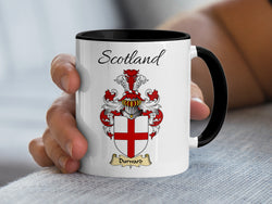 Durward family shield and Scotland lettering on a white accent mug with black handle