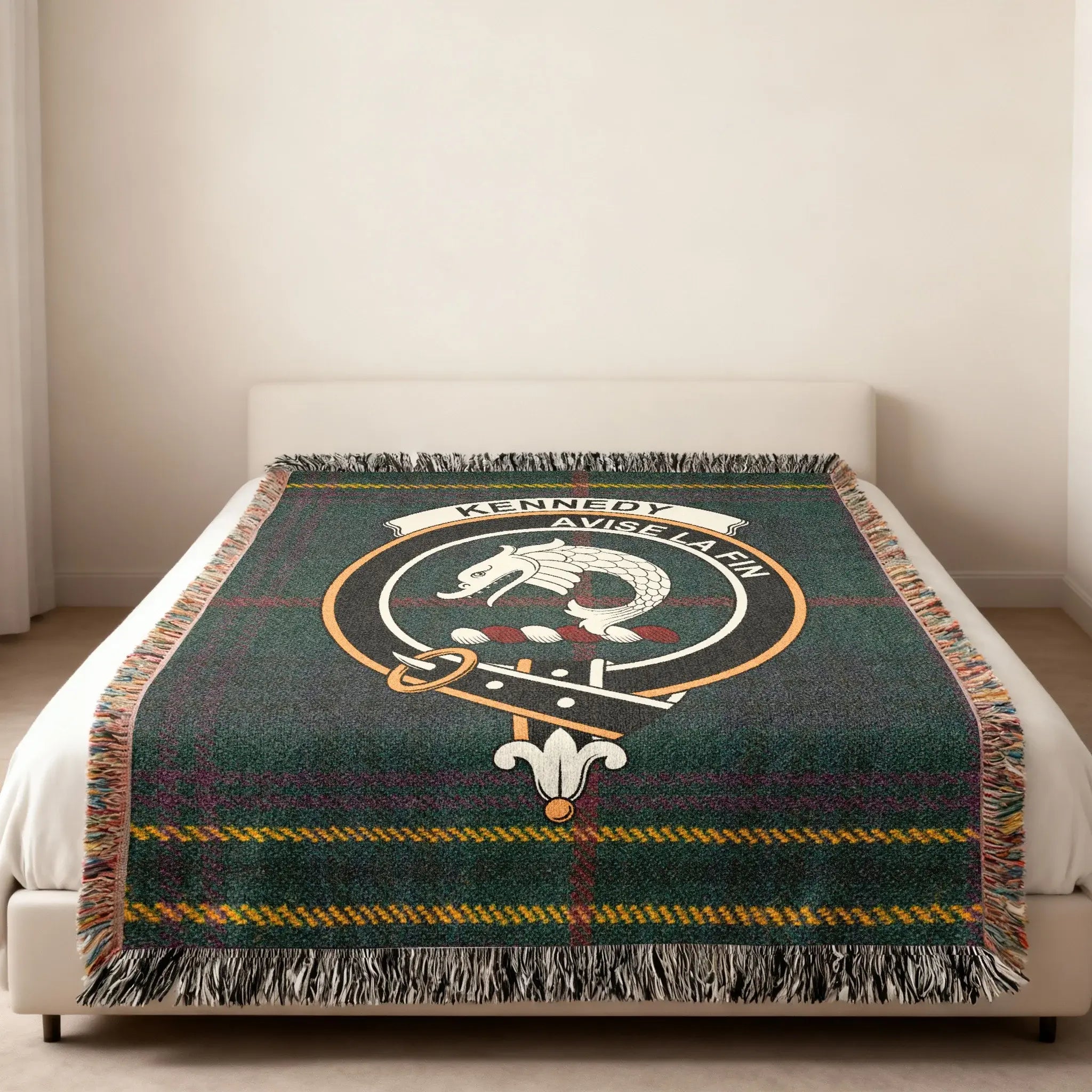 Kennedy Avise La Fin clan crest tartan blanket — heraldic design at centre, fringe edge visible