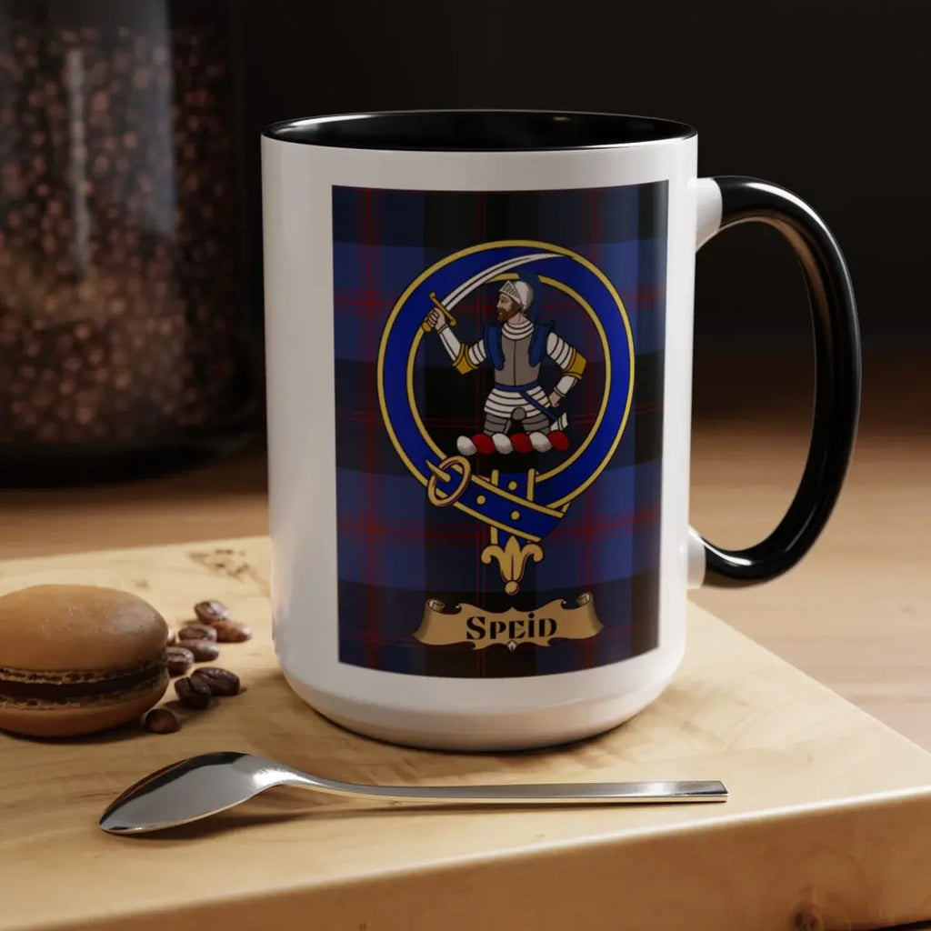 Close-up of the Speid clan crest printed on a ceramic mug