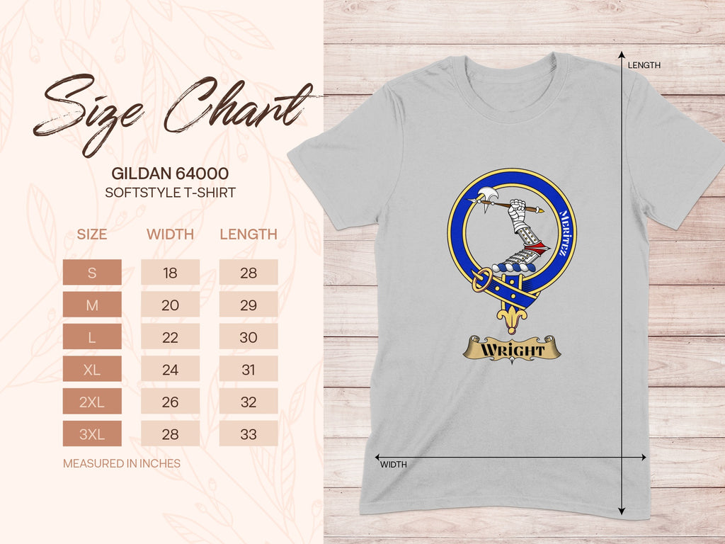 Gildan 64000 size chart for Wright Scottish clan crest T-shirt