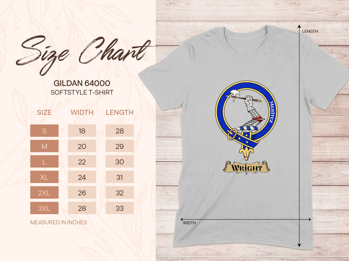Gildan 64000 size chart for Wright Scottish clan crest T-shirt