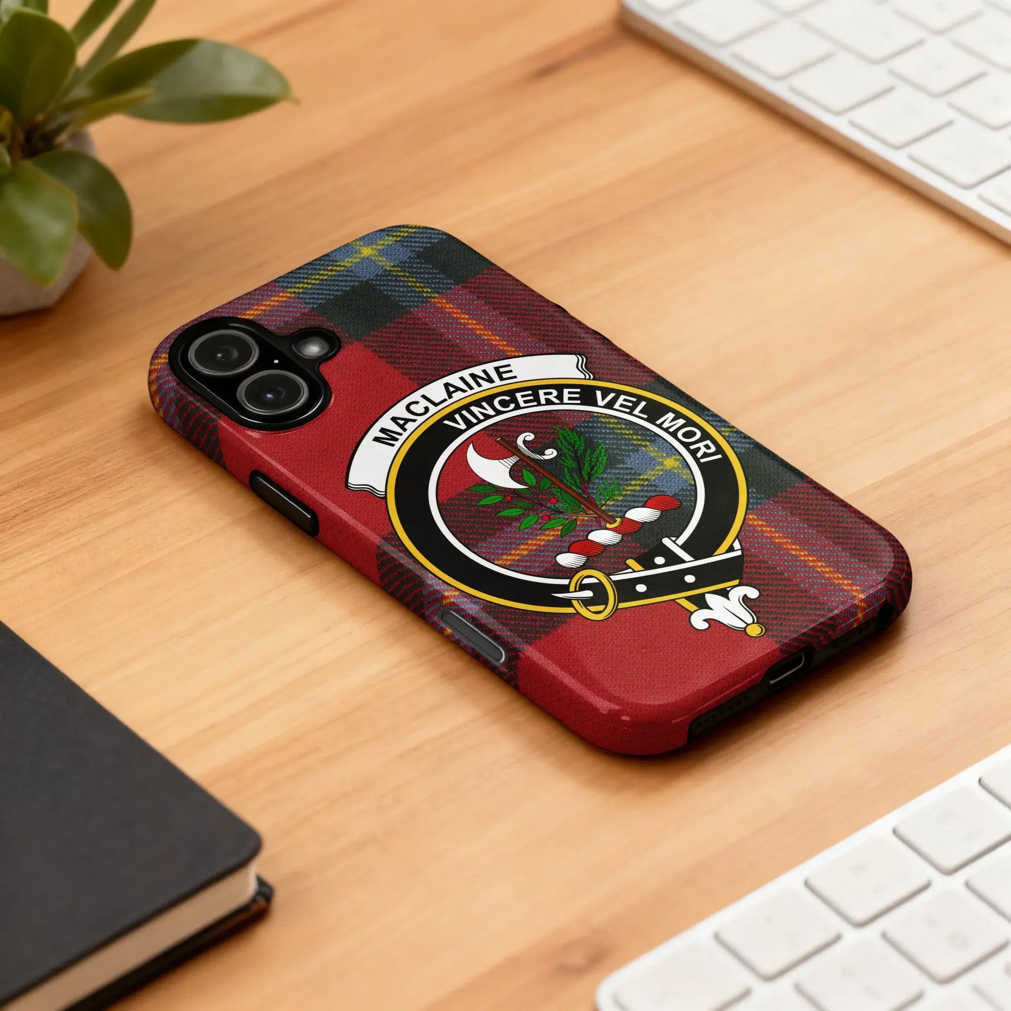 MacLaine Vincere Vel Mori tartan phone case design — full heraldic wrap on glossy impact-resistant shell