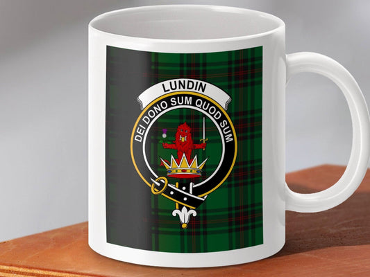 Lundin Clan Emblem and Tartan Design Mug product