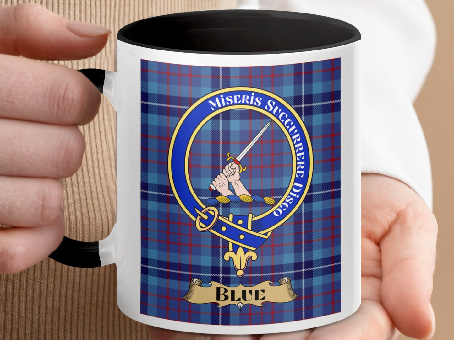 Miseris Succurrere Disco Blue Tartan Design Mug - Living Stone Gifts