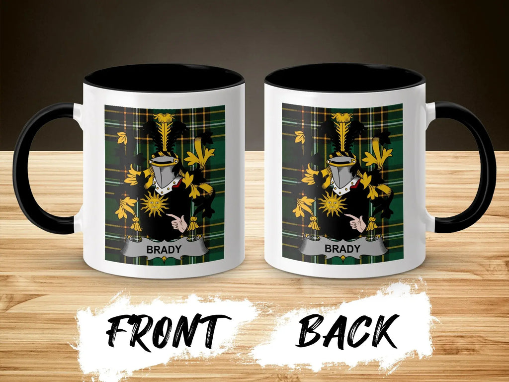 Brady coat of arms on a white mug with black handle and rim, front and back views.