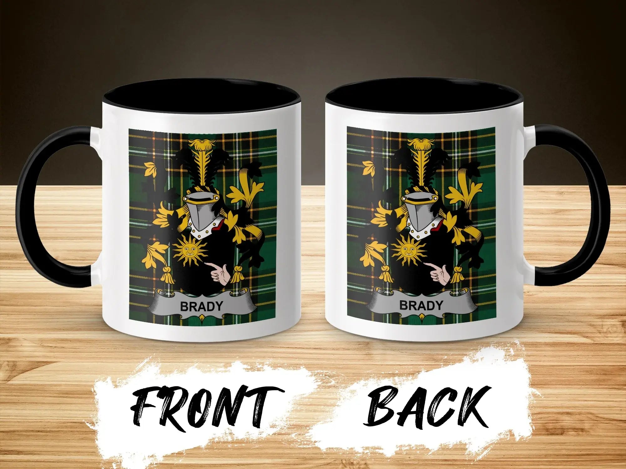 Brady coat of arms on a white mug with black handle and rim, front and back views.