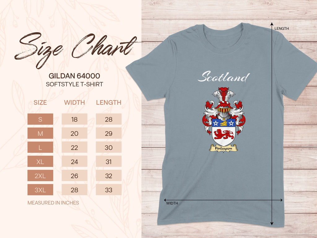 Gildan 64000 size chart for Finlayson Scottish family shield T-shirt