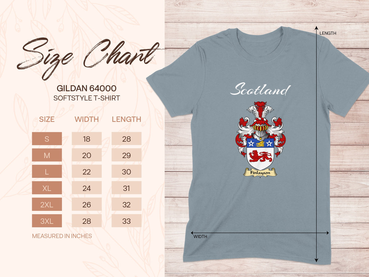 Gildan 64000 size chart for Finlayson Scottish family shield T-shirt