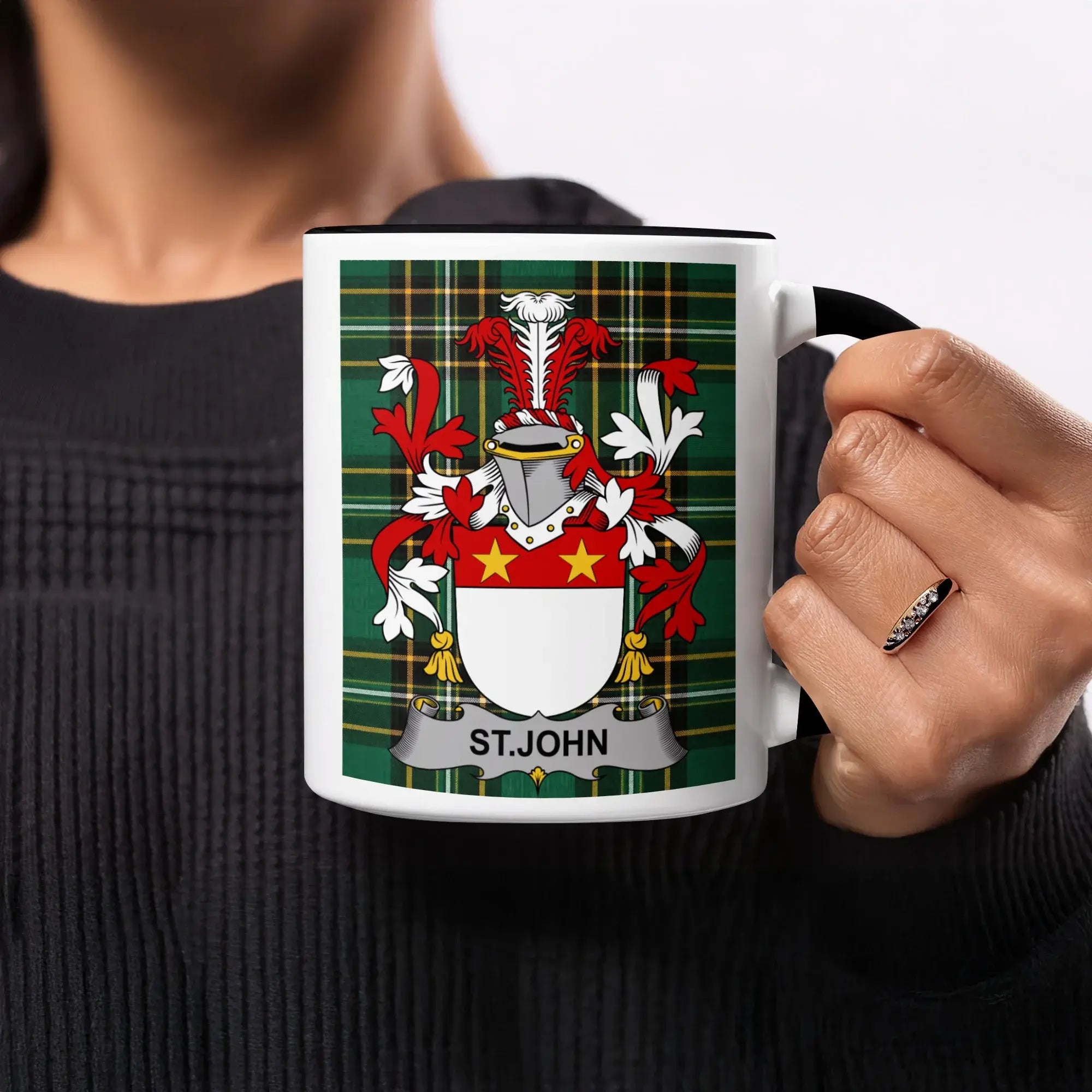 St. John black accent mug with Irish National Tartan crest design