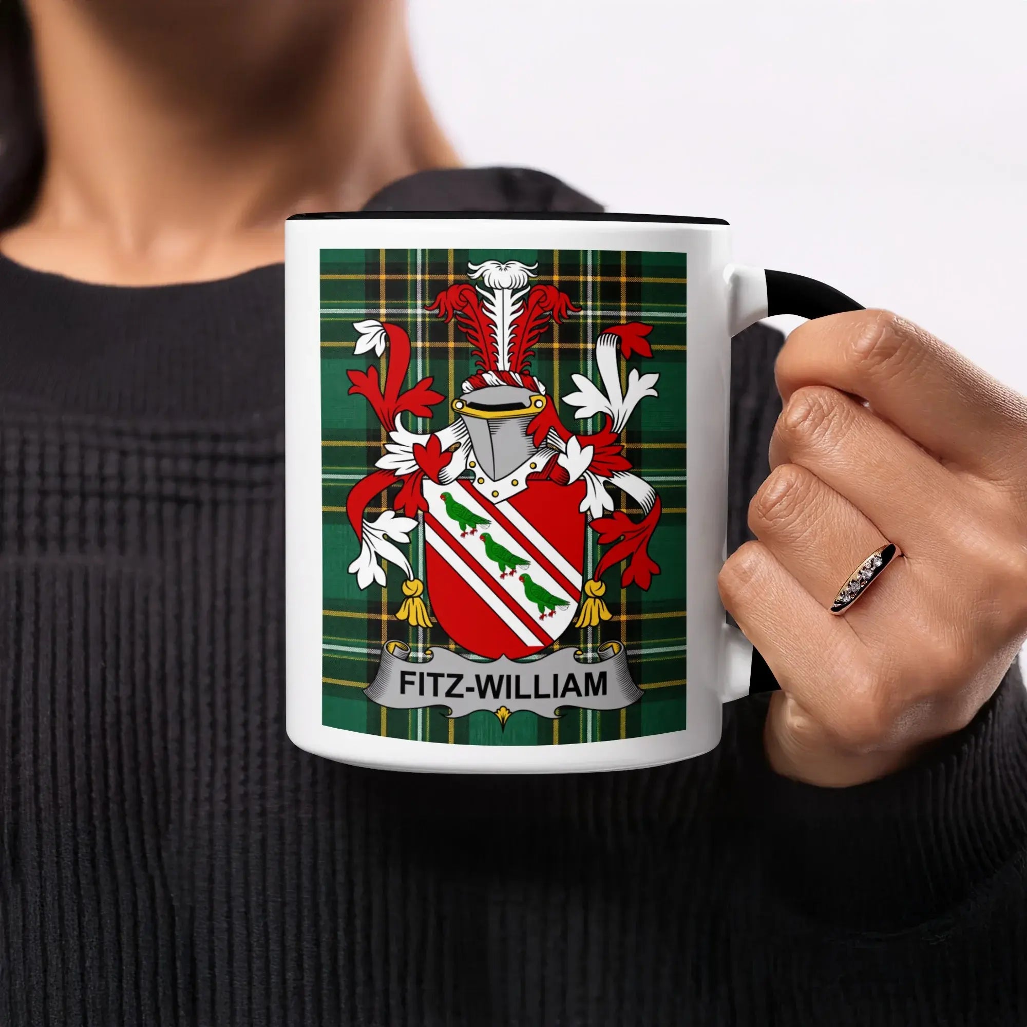 Mug featuring Fitz-William crest on a tartan background.