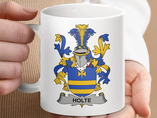Holte Surname Irish Family Crest Design 11 oz ceramic mug - Celtic Ancestry Gifts