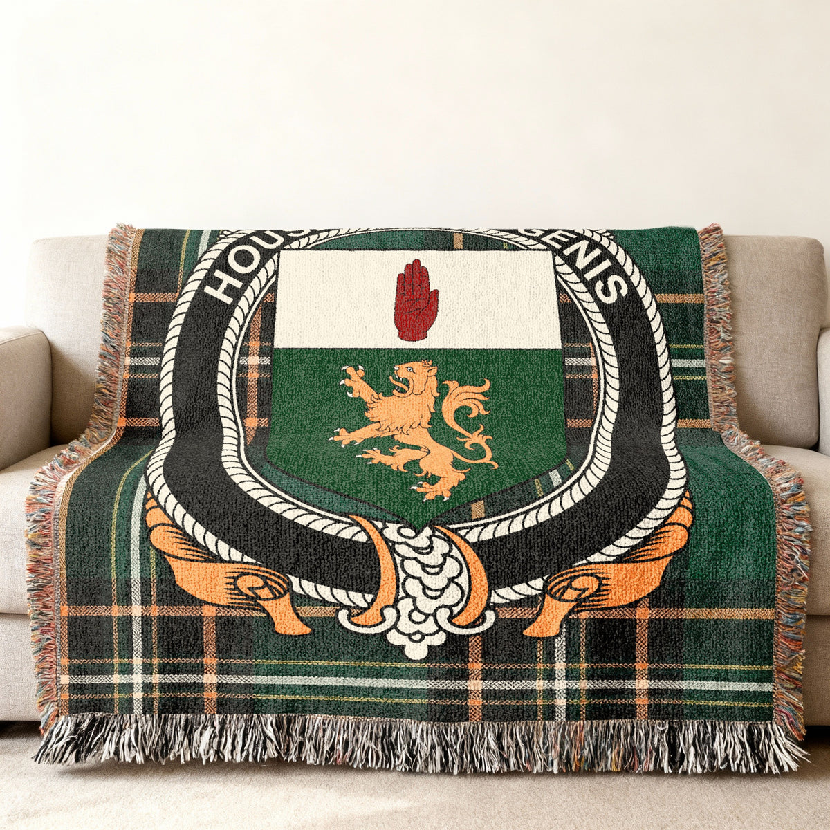 MacGenis Irish National Tartan woven blanket displayed on a sofa