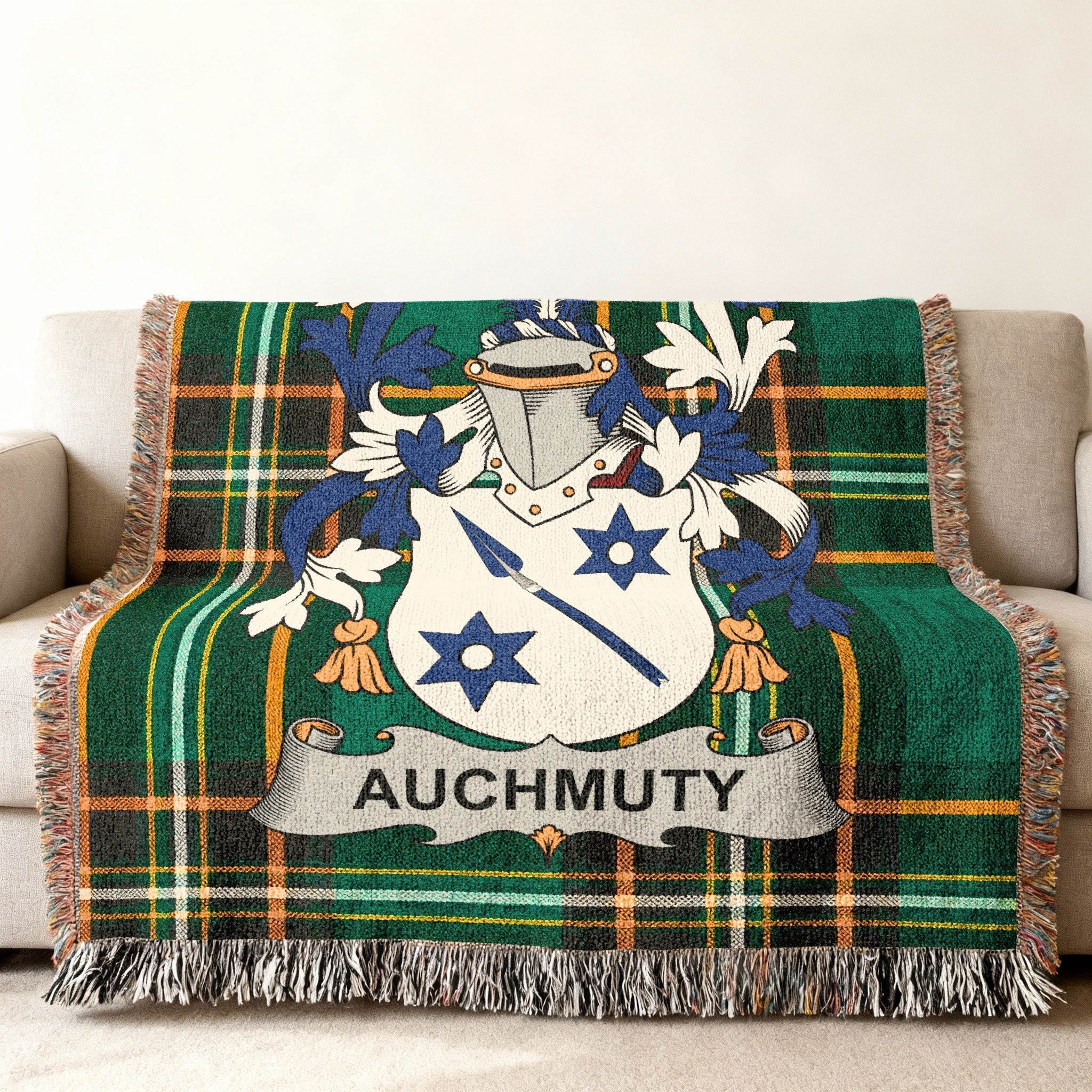 Auchmuty Green Plaid Crest Throw Blanket product type