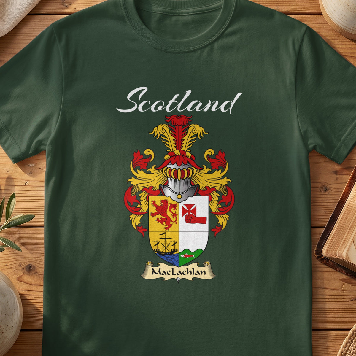 Forest Green MacLachlan Scottish T-shirt featuring a quartered shield with a lion and sailing ship