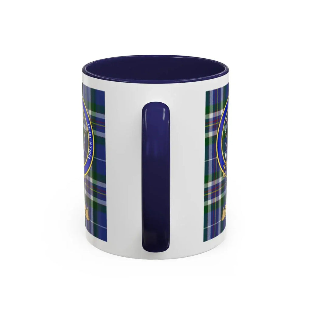 Navy Blue Plaid Mug with Emblem Design Cup
