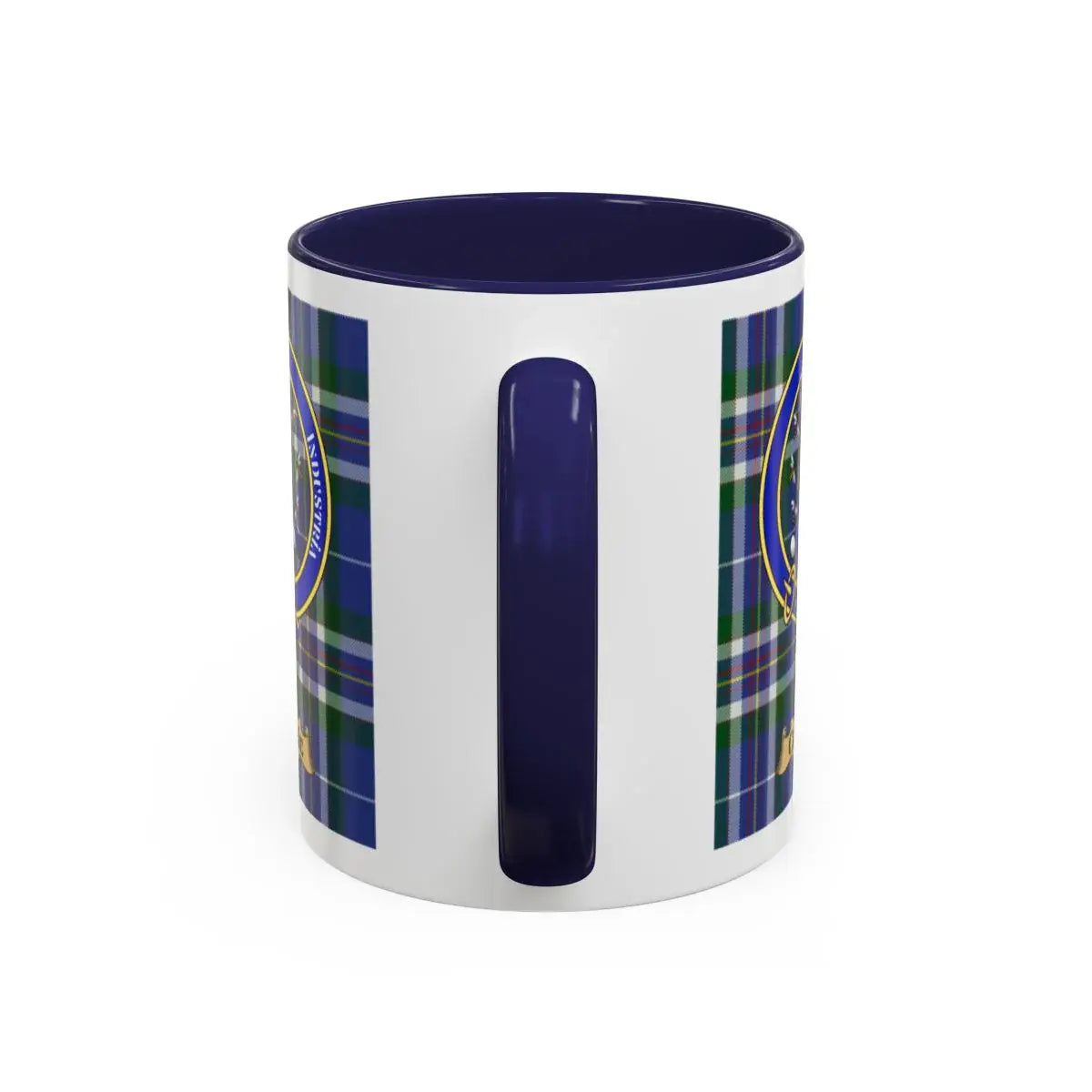 Navy Blue Plaid Mug with Emblem Design Cup
