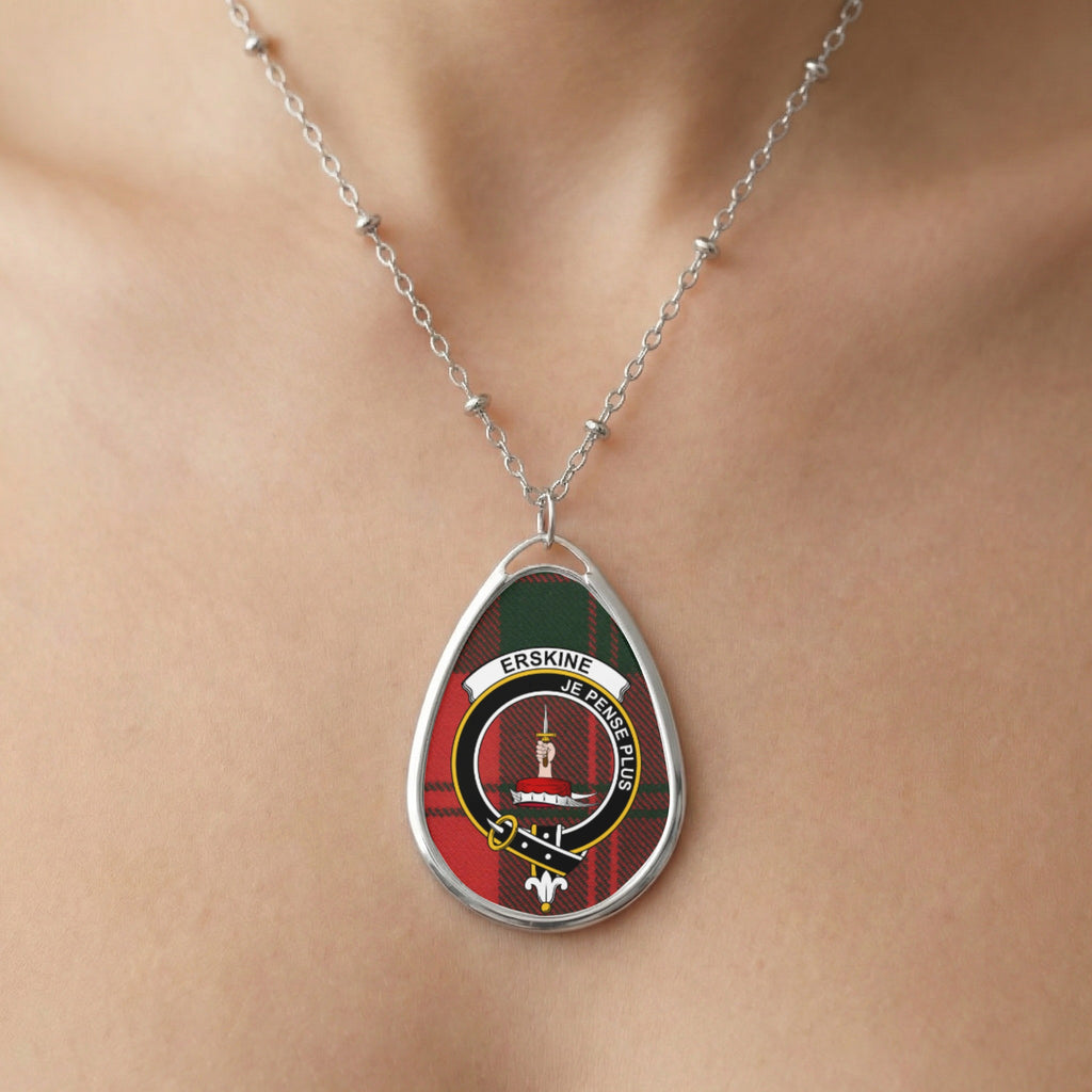 Close-up of Erskine clan tartan pendant necklace with crest design
