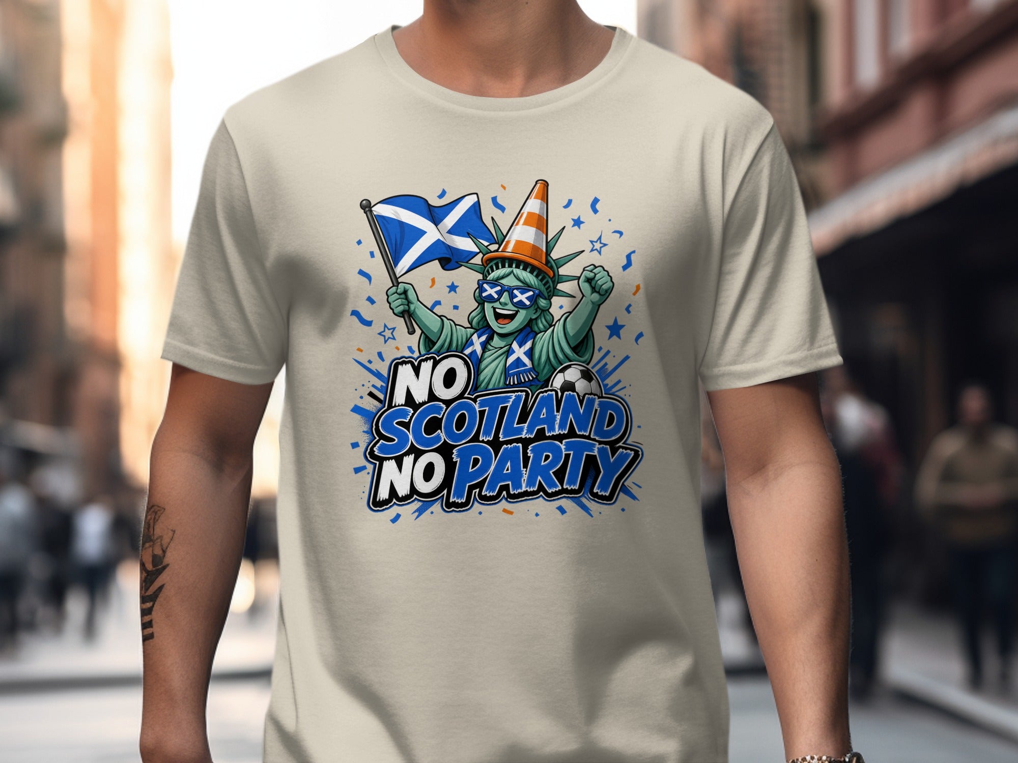 Statue of Liberty with Scottish flag and "NO SCOTLAND NO PARTY" text.