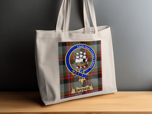 Bryson Clan Crest on Scottish Tartan Background Tote Bag - Living Stone Gifts