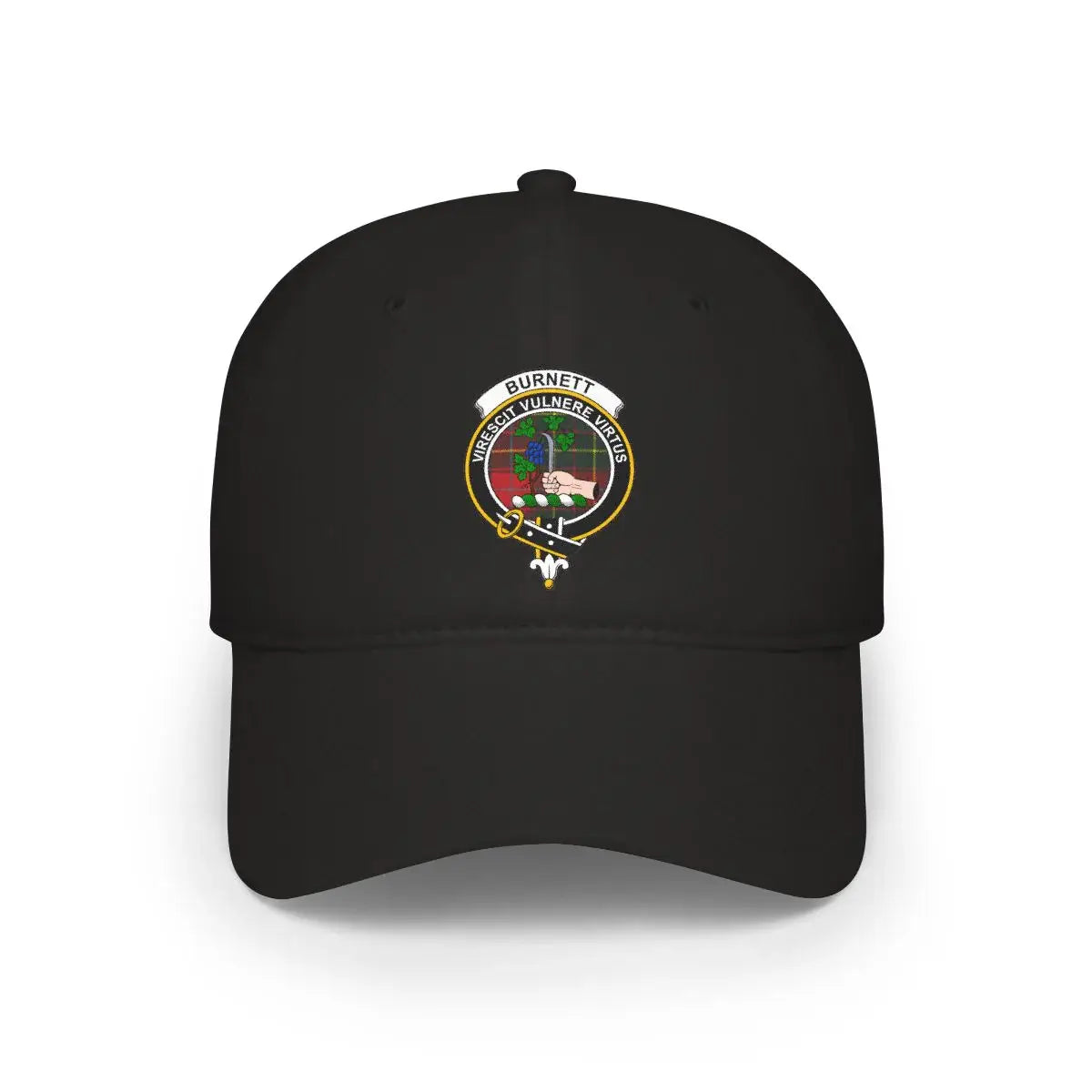 Burnett clan crest black cap — virescit vulnere virtus motto design