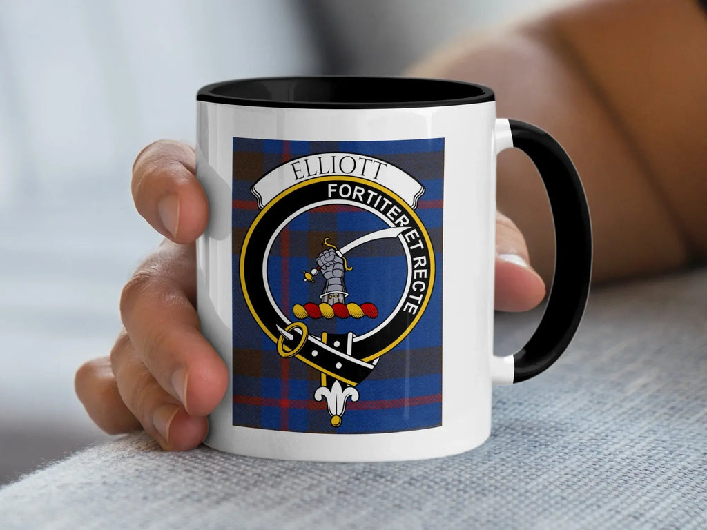 Elliott clan tartan accent mug — Fortiter et Recte crest on glossy ceramic, black handle